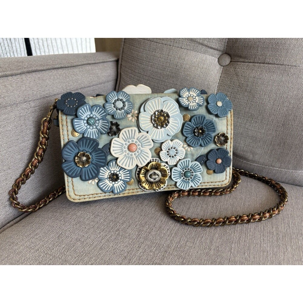 RARE! Coach 1941 Dinky Tea Rose Denim & Leather Floral Crossbody Shoulder Bag